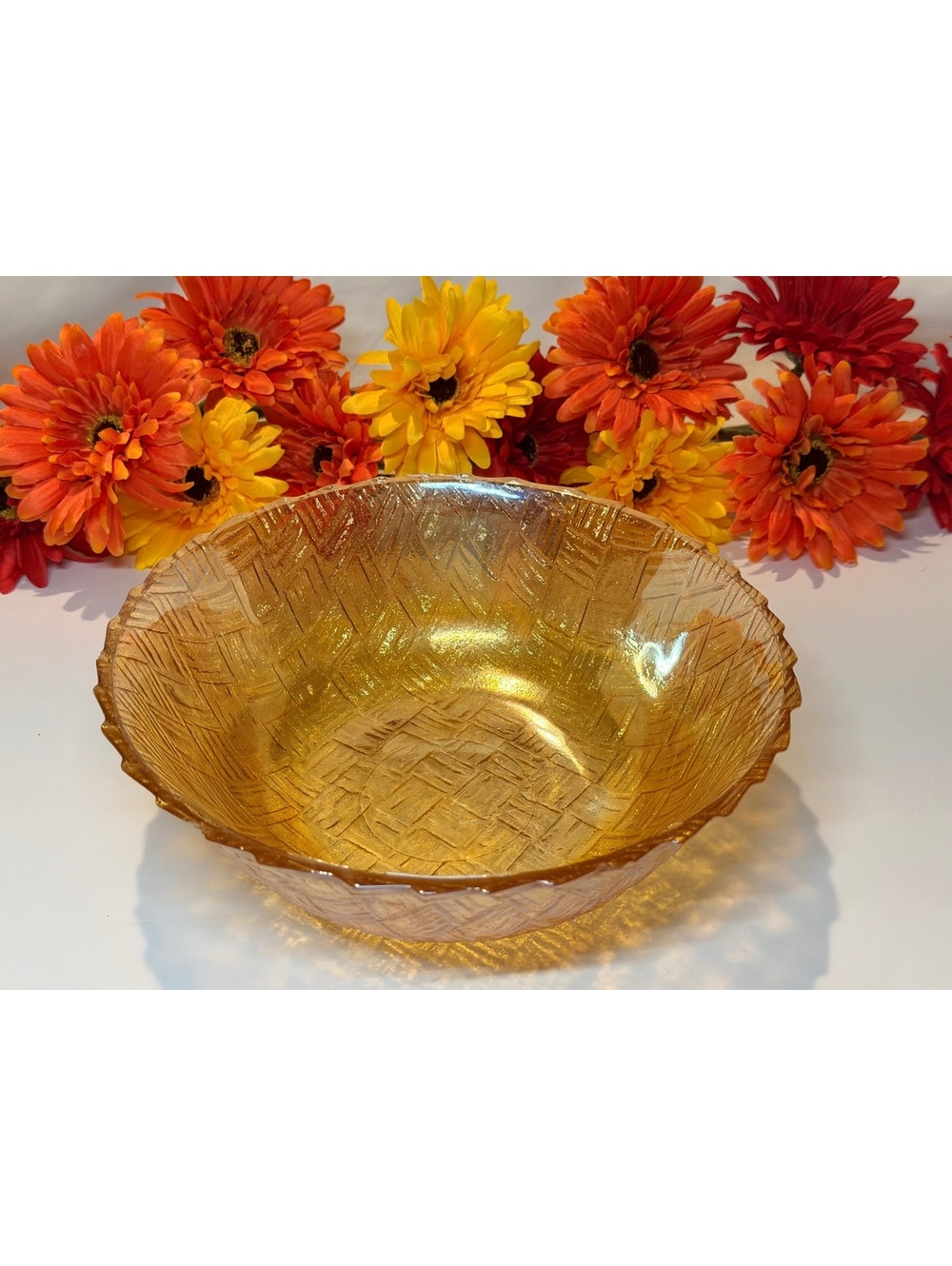 Indiana Glass Basketweave Amber Carnival Glass 8” Serving Bowl Iridescent Vtg